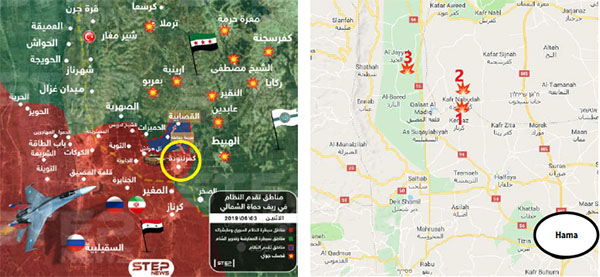 Right: Villages taken over by the Syrian army: Kafr Nabudah (1); Al-Qasabiya (2); Al-Hawiz (3); (Google Maps). Left: Map showing the layout of the forces in the rural area northwest of Hama. The area controlled by the rebel organizations is marked in green; The area controlled by the Syrian army and the forces supporting it is marked in red; The area where the Syrian army advanced during the recent week, with Al-Qasabiya at its northern tip, is marked in blue; Kafr Nabudah is marked with a yellow circle; Airstrike targets are marked with explosion symbols (Khotwa, June 3, 2019)