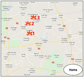 The area of the village of Tal al-Malah (1) and the village of Jubain (2), targeted by the Syrian army counterattack. The area of Al-Hamamiyat, to the north, is where the Syrian army repelled rebel attacks (Google Maps)