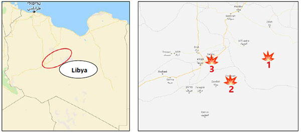 Droite : Les principaux sites de combats entre l’Etat islamique et les miliciens de l’armée de Haftar la semaine dernière : les montagnes de Haruj (1); la ville de Tamsa (2); la ville de Samnu (3) (Google Maps). Gauche : zone dans laquelle l'Etat islamique opère de manière intensive depuis trois mois (Google Maps)