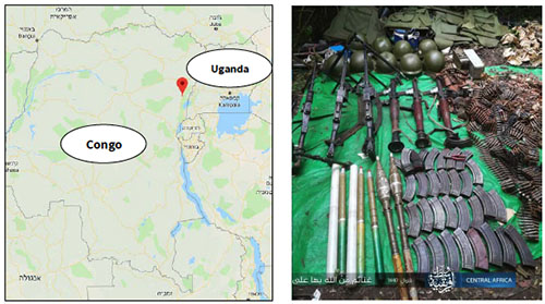 Right: Weapons and ammunition seized by ISIS operatives (Telegram, June 17, 2019). Left: The area where the attack took place, not far from the Congo-Uganda border (Google Maps).