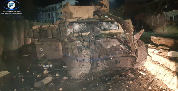 SDF vehicle hit by ISIS car bomb in the center of Al-Raqqah (Syrian Observatory for Human Rights, June 1, 2019) 