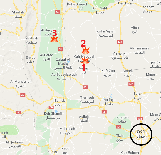 المواقع التي احتلها الجيش السوري: كفر نبوده (1)؛ القصاصبه (2)؛ الحويز (3) (Google Maps). 