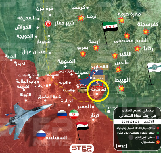 خارطة انتشار القوات في ريف حماة الشمالي الغربي. باللون الأخضر المناطق التي تسيطر عليها التنظيمات الجهادية؛ باللون الأحمر المنطقة التي يسيطر عليها الجيش السوري والقوات المساندة له؛ باللون الأزرق مناطق تقدم الجيش السوري خلال الأسبوع الأخير وعلى طرفها الشمالي قرية القصاصبه؛ بلدة كفر نبودة محاطة بدائرة صفراء؛ علامات التفجير تشير إلى مواقع تتعرض للغارات الجوية (خطوة، 3 حزيران/ يونيو 2019).