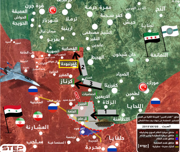 Les trois voies de la contre-attaque des rebelles (indiquées par des flèches noires): la route du Nord menant à Al-Qasabiya (2), la route centrale menant à Karnaz (3) et la route du Sud menant à Tal Malah (1). La région de Tal Malah, reprise par les organisations rebelles lors de la contre-attaque, est en gris. La région de Kafr Hud, reprise par l'armée syrienne aux rebelles, est marquée en bleu (Khotwa, 8 juin 2019)