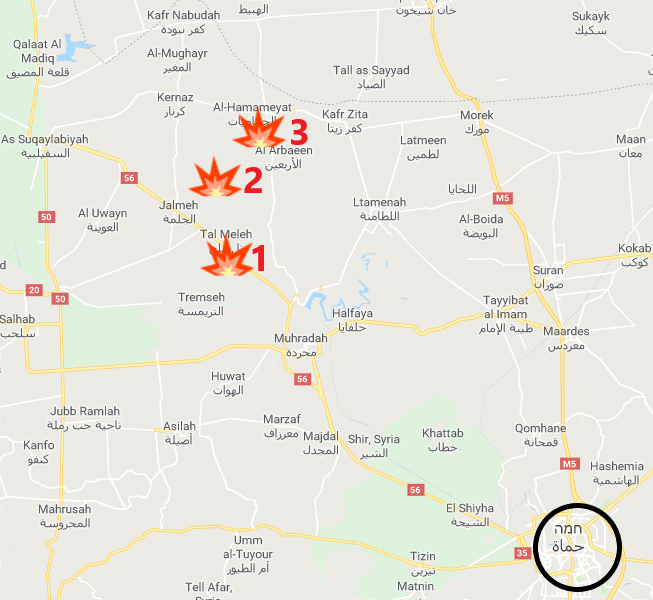 La zone du village de Tal al-Malah (1) et le village de Jubain (2), ciblés par la contre-attaque de l'armée syrienne. L'armée syrienne a repoussé les attaques des rebelles dans la région d'Al-Hamamiyat, au Nord (Google Maps)