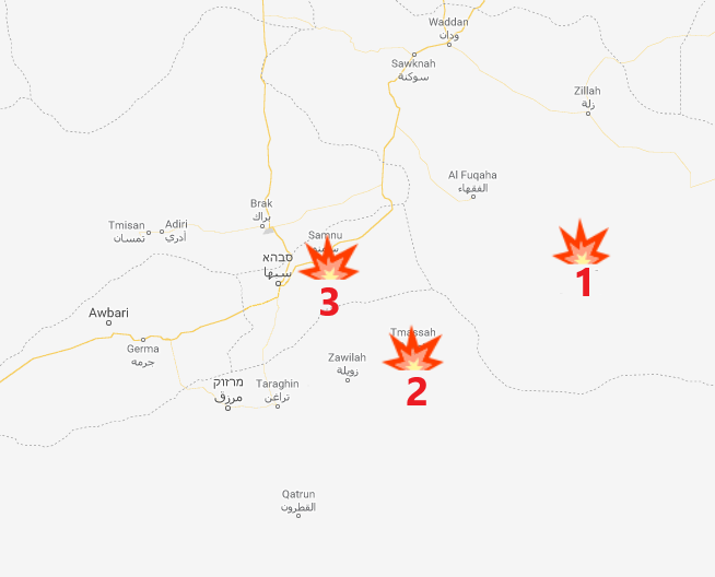 محاور القتال بين تنظيم الدولة الإسلامية وبين عناصر مليشيات حفتر خلال الأسبوع الأخير: جبال الهروج (1)؛ بلدة تمسا (2)؛ بلدة سمنو (3) (Google Maps). 