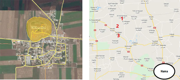 Droite : Le village de Hamamiyat et Tal Hamamiyat qui le surplombe, qui sont détenus par l'armée syrienne (1); au Sud, les villages de Tal Malah et de Jubain (2), détenus par les organisations rebelles (Google Maps). Gauche : Tal Hamamiyat, qui contrôle le village de Hamamiyat et ses environs (Wikimapia).