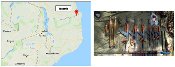 Droite : Armes et équipements saisis par des membres de l'Etat islamique lors d'une attaque contre la base de l'armée mozambicaine (Province d'Afrique centrale de l'Etat islamique, 5 juillet 2019). Gauche : Région de Nangade au Nord du Mozambique, près de la frontière tanzanienne, où la base a été attaquée (Google Maps)