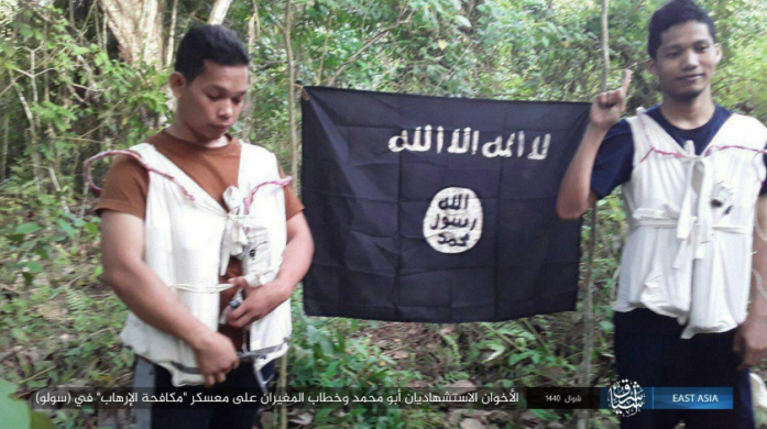 The two suicide bombers, codenamed Abu Muhammad and Khattab, who attacked the Philippine army’s counterterrorism unit in Sulu (ISIS’s East Asia Province, as posted on Telegram, June 28, 2019).