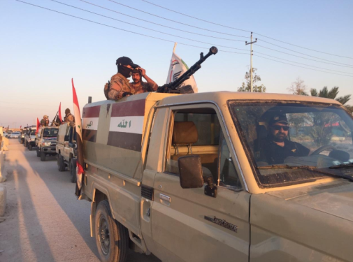 Force motorisée de la Mobilisation populaire lors d'une activité de sécurité contre l'Etat islamique dans l'Ouest de la province d'Al-Anbar (Compte Twitter de la Direction de l'information du quartier général de la Mobilisation populaire, 30 juin 2019)