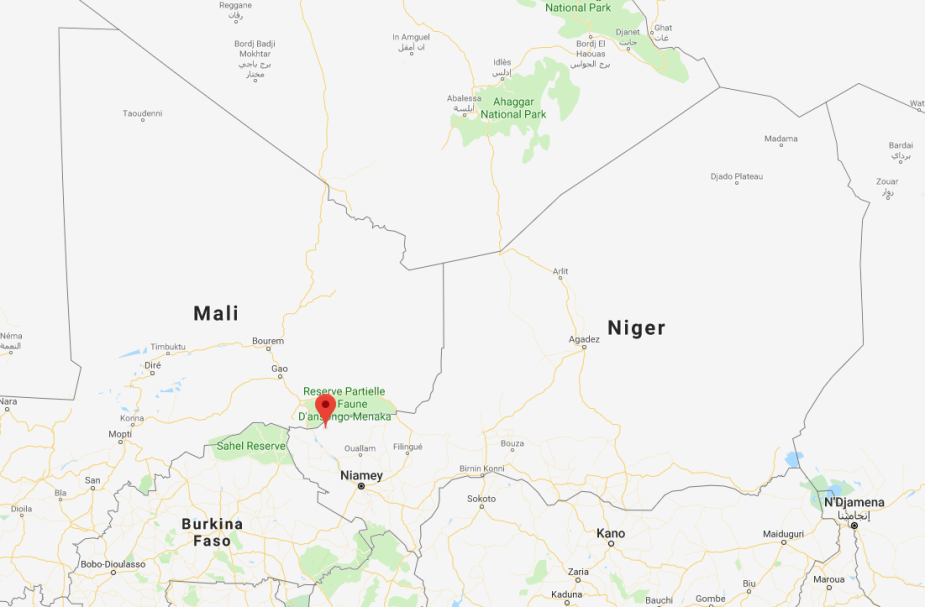 Lieu où la base de l'armée du Niger a été attaquée, près de la frontière avec le Mali (Google Maps) 