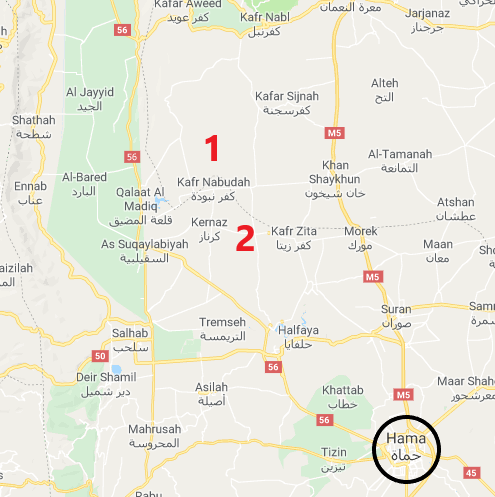 The village of Al-Qasabiya (1) and Hamamiyat (2), northwest of Hama: rebel attempts to take over Syrian army positions there failed (Google Maps)