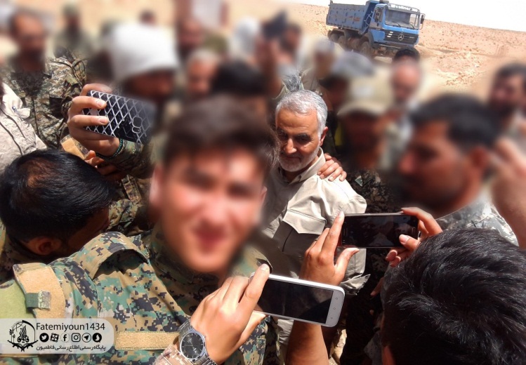 Qasem Soleimani along with fighters of the Fatimiyoun Brigade (Official Telegram channel of the militia, July 29, 2019).