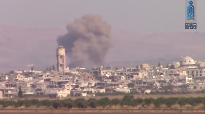 Cloud of dust rising from Kafrzeita after a Russian airstrike (Ibaa, August 11, 2019)