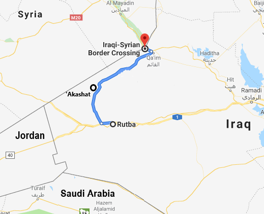 The section of the highway secured by the Popular Mobilization, leading from Rutba to the Al-Qaim crossing (Google Maps)