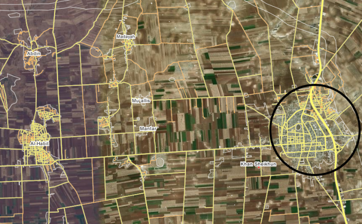 Khan Sheikhoun (circled in black). The M5 passes through it. The villages to the west and southwest of Khan Sheikhoun were captured by the Syrian army during the past two weeks (Wikimapia – Bing Satellite). 