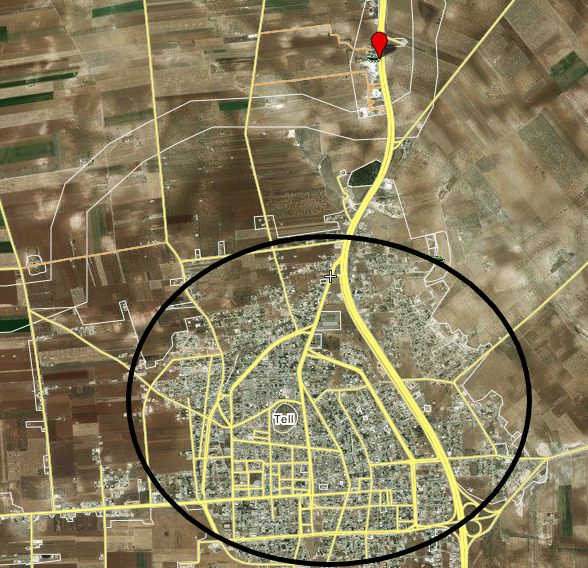 The Nimr roadblock (red location pin) north of Khan Sheikhoun on the highway leading to Aleppo (the M5) (Wikimapia – Bing Satellite)