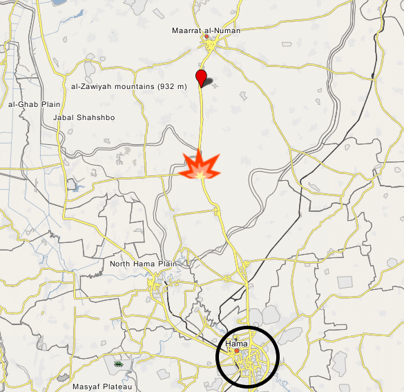 The Ma'r Hatat area, where the Turkish army convoy was attacked (marked with red location pin), to the north of Khan Sheikhoun (marked in orange and yellow) (Wikimapia)