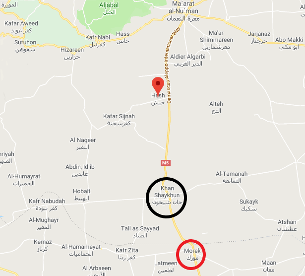 La région de Heesh au Nord de Khan Shaykhun, où un nouveau poste d'observation turc a été mis en place. C'est ici que les forces turques arrivant dans le convoi se sont arrêtées. Morek est marqué (avec un cercle rouge) au Sud de Khan Shaykhun. C'est ici que se trouve le poste d'observation turc n°9, entouré par l'armée syrienne (Google Maps)