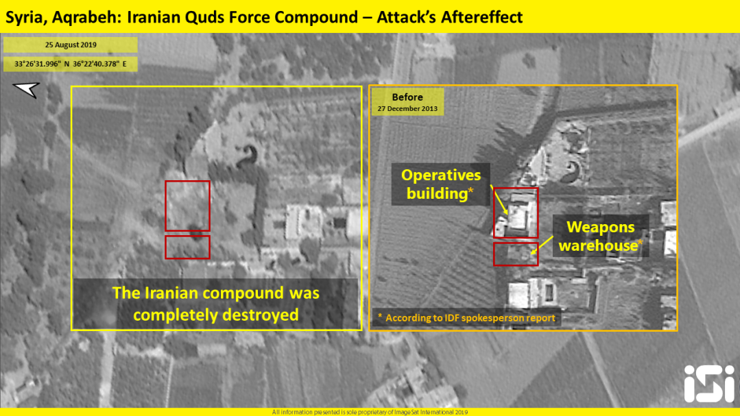 Israeli Air Force attack on the Qods Force facility in Aqrabeh: Before (right) and after (left) the attack (picture courtesy of iSi, ImageSat International)