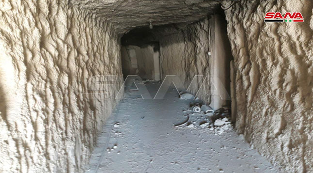 Tunnels in a mountainous terrain which were used by the Headquarters for the Liberation of Al-Sham in the areas of Khan Shaykhun and Al-Tamanah, east of Khan Shaykhun (SANA, August 23, 2019) 