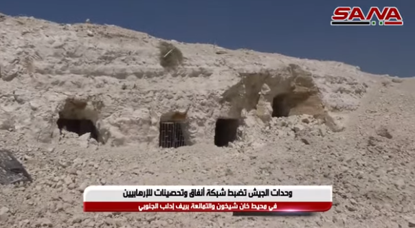 Tunnels in a mountainous terrain which were used by the Headquarters for the Liberation of Al-Sham in the areas of Khan Shaykhun and Al-Tamanah, east of Khan Shaykhun (SANA, August 23, 2019)