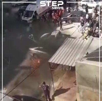 Scene of the explosion of the IED planted in the car of Abu Khaled the Engineer in the city of Idlib (Khotwa, August 22, 2019). 