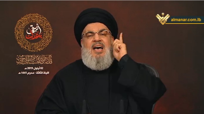 Le chef du Hezbollah, Hassan Nasrallah, prononçant un discours le 2 septembre 2019 (Télévision al-Manar, Liban)