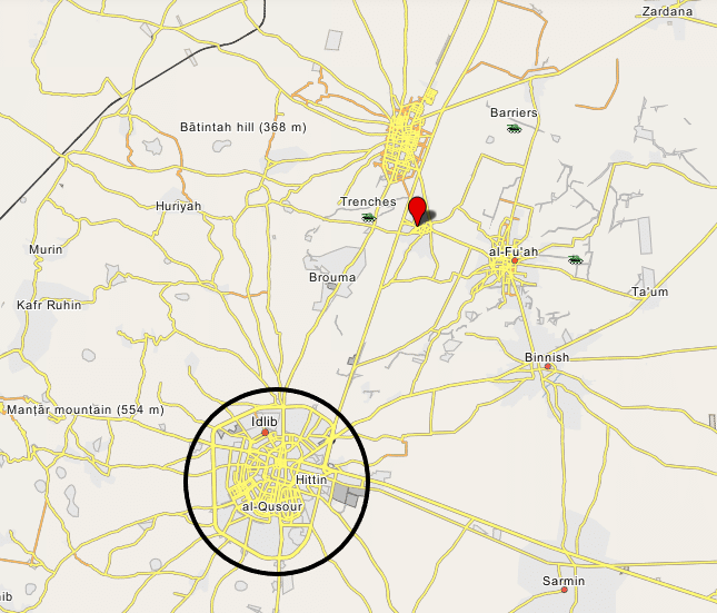 The village of Kafraya (marked in red), northeast of Idlib, near the site of the US airstrike (Wikimapia)