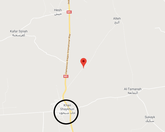 Tal Jaafar, au Nord de Khan Shaykhun (en noir), où une tentative d'assaut locale des organisations rebelles a été contrecarrée (Google Maps)