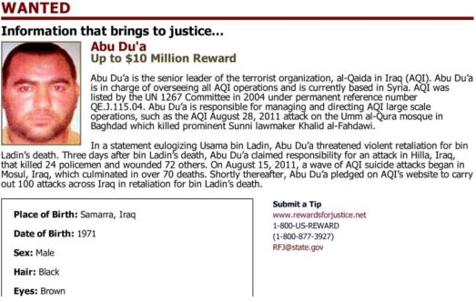 Wanted noted from the American department of state offering a reward for information about Abu Bakr al-Baghdadi (Rewards for Justice, October 2011). 