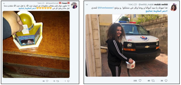 Examples of Twitter accounts of Hezbollah supporters calling for donations. Right: A girl contributes money to Hezbollah in a collection box of the Islamic Resistance Support Association in the Islamic Health Center (two Hezbollah institutions). The Arabic reads, "For the sake of your eyes, Sayeed [Hassan Nasrallah], our money and our souls and everything we have" (Twitter account of Malik Wahabi, April 23, 2019). Left: A man puts money into a collection box of the Islamic Resistance Support Association in a private house. The Arabic reads, "Ten million dollars to anyone who gives information about funding Hezbollah. Idiots! For Hezbollah we will sacrifice our blood before our money and before everything else" (Twitter account of Hassan Dara, April 23, 2019).