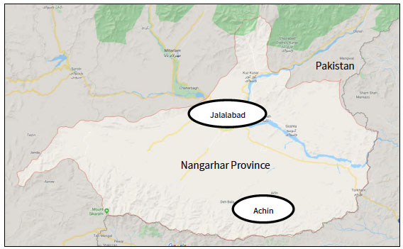 The Nangarhar Province, where the operation took place, and the mountainous Achin region, where the mass surrender of ISIS operatives and their families took place (Google Maps)