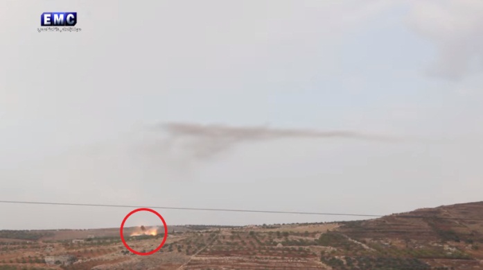 Air-to-surface missile launched by a Russian fighter jet at Kafrnubl, south of Idlib, hitting its target (Edlib Media Center – EMC, November 9, 2019).