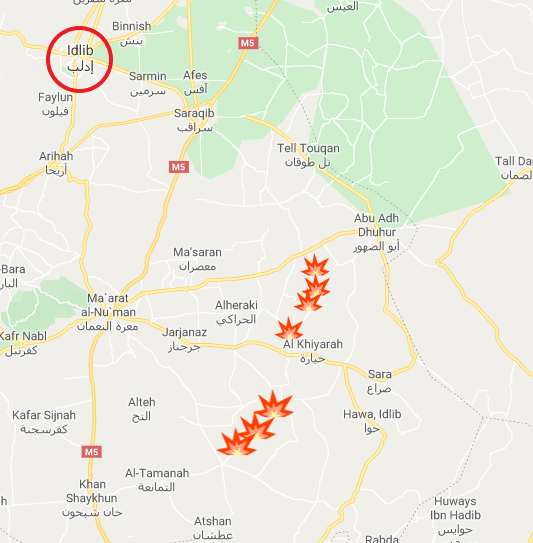 Top: The four villages which the rebel organizations unsuccessfully attempted to take over from the Syrian army. Bottom: The three villages in the Mushayrafa area which the rebel organizations unsuccessfully attempted to retake (Google Maps)