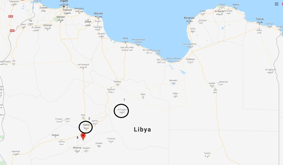 Les villes d'Al-Fuqaha (1), Sabha (2) et Ghadwa (3), qui ont été attaquées par des membres de l'Etat islamique (Google Maps) 