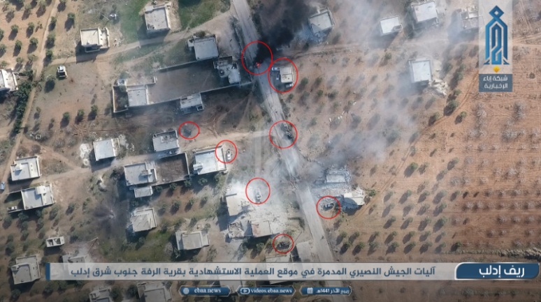 Syrian army vehicles (marked by red circles in the original) which were destroyed in the car bomb explosion (Ibaa, December 21, 2019)