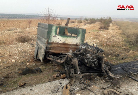 Vehicles destroyed by the Syrian army in Al-Tah, the stronghold of the Headquarters for the Liberation of Al-Sham, south of Maarat Nu'man (SANA, December 24, 2019)