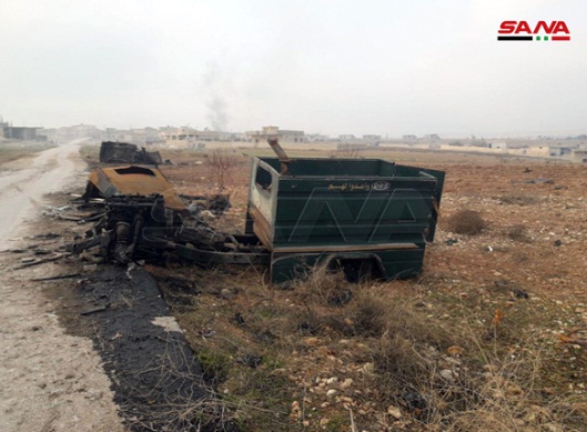 Vehicles destroyed by the Syrian army in Al-Tah, the stronghold of the Headquarters for the Liberation of Al-Sham, south of Maarat Nu'man (SANA, December 24, 2019)