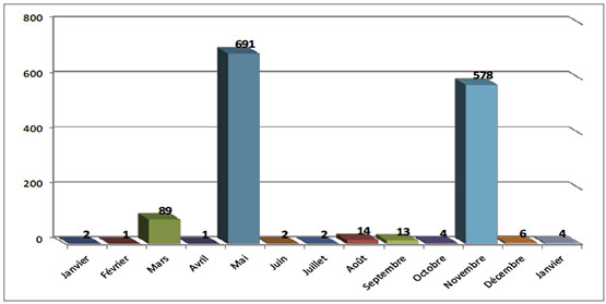 Répartition mensuelle des tirs de roquettes