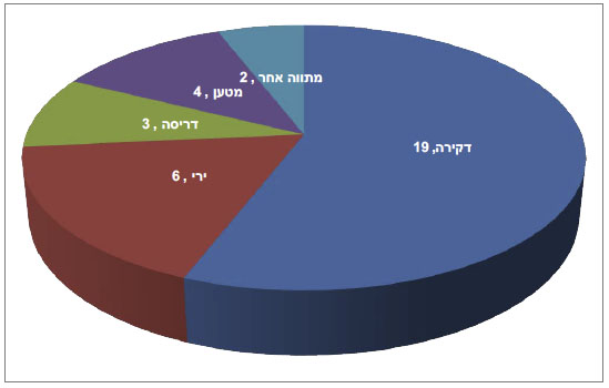 התפלגות סוגי הפיגועים בשנת 2019: דקירה 19, ירי 6, מטען 4, דריסה 3, מתווה אחר 2