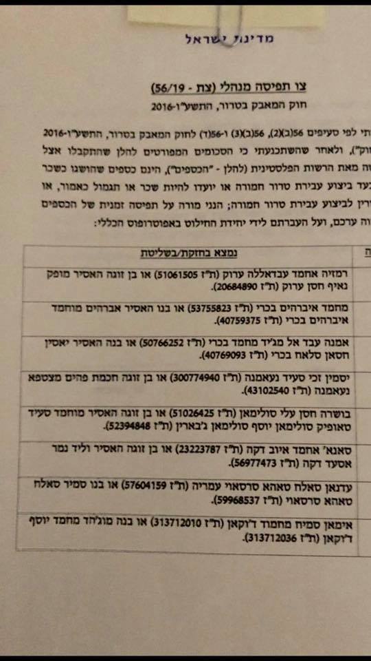 Ordonnance de confiscation signée par le ministre israélien de la Défense Bennet (Page Facebook du ministre israélien de la Défense Naftali Bennet, 25 décembre 2019) 