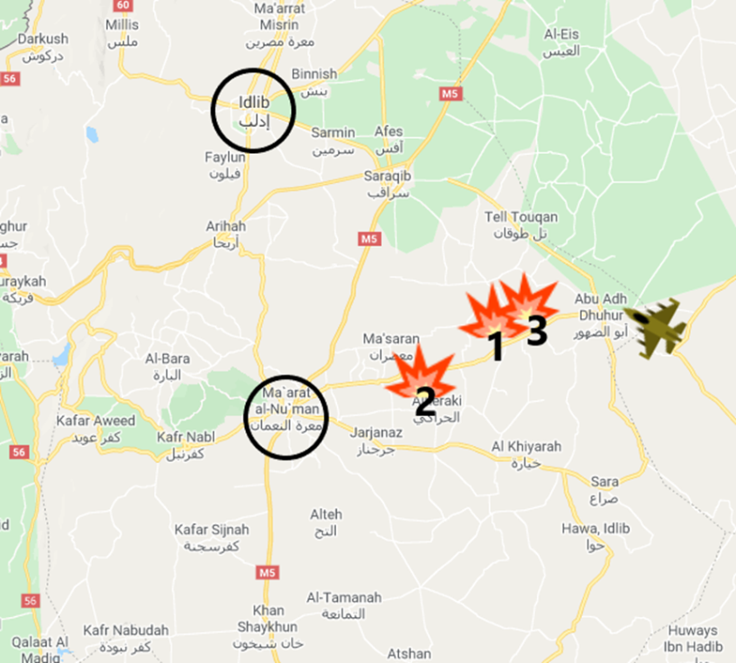 Zones de bataille entre le Siège de Libération d'Al-Sham et l'armée syrienne : Abu Jarif (1); Abu Dafna (2); et Tell Musitaf (3) (Google Maps)