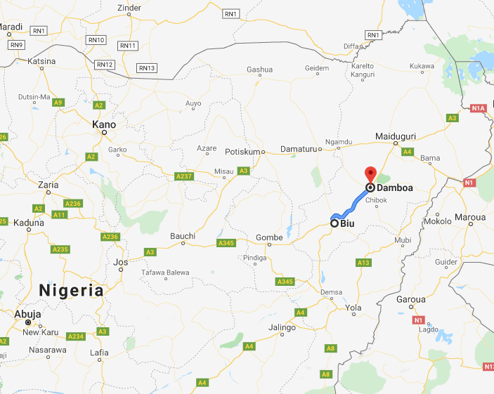 La section de la route au sud-ouest de Maiduguri où des membres de l'Etat islamique ont organisé une embuscade et un barrage routier (Google Maps)