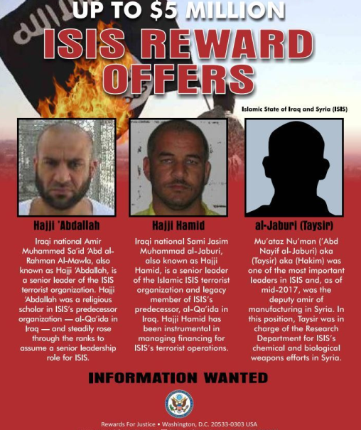 US Department of State’s notice: A reward of up to $5 million to anyone providing information on the location of three senior ISIS operatives. Haji Abdullah is seen on the left (US Department of State, August 21, 2019).