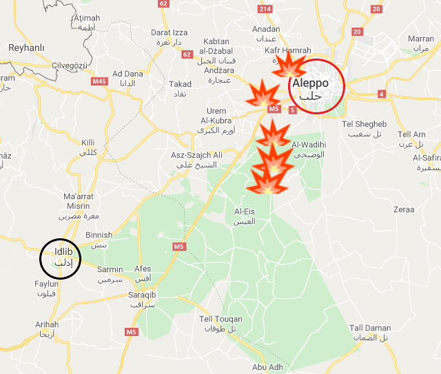 Zones où des batailles ont eu lieu dans la région d'Alep entre l'armée syrienne et les organisations rebelles les 26 et 27 janvier 2020 (Google Maps) 