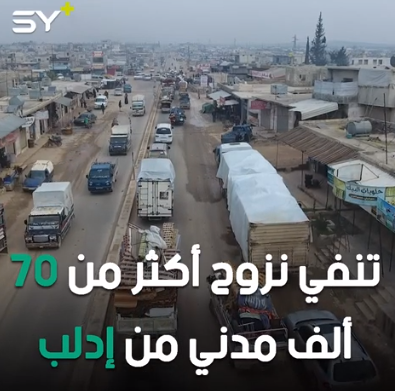 Véhicules avec des personnes déplacées de la région d'Idlib. Le texte en arabe précise : "[Le ministère russe de la Défense] nie que plus de 70 000 civils aient été déplacés d'Idlib" (SY Plus, site Internet syrien affilié aux organisations rebelles, 17 février 2020). 