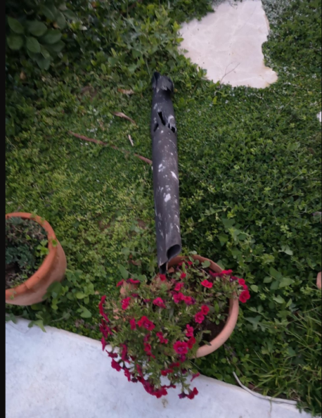 Fragment of an Iron Dome's intercepting rocket. It fell in the front yard of a house in kibbutz Nir Am (Kibbutz Nir Am "security," February 23, 2020).