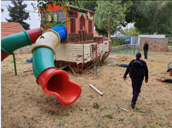 Playground in Sderot damaged by rocket fire (Israel Police Force spokesman's unit, February 24, 2020).