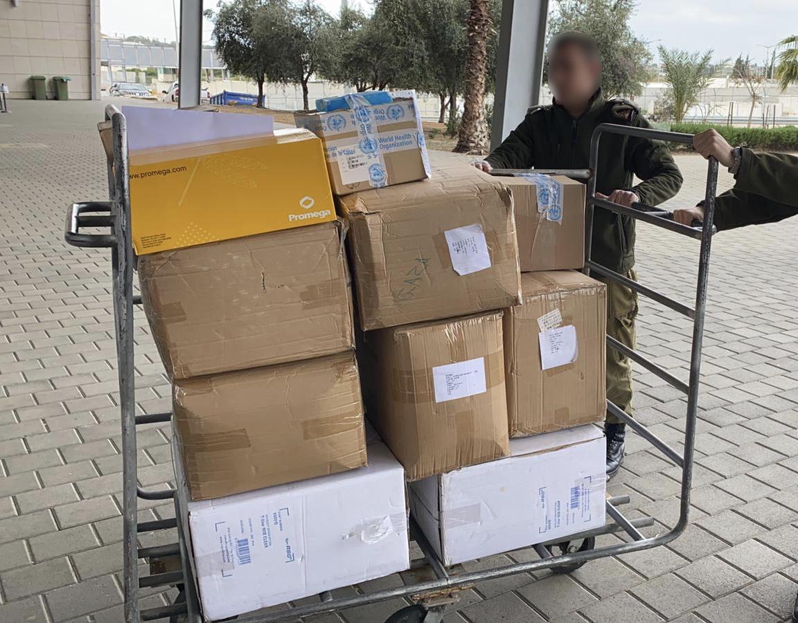 Coronavirus testing kits, delivered to the Gaza Strip through the Erez Crossing by the WHO (COGAT Facebook page in Arabic March 18, 2020).